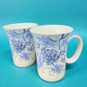 Graces Teaware Fine Porcelain Coffee Mug Cup Set 2 Mugs Blue Floral Pattern Cups